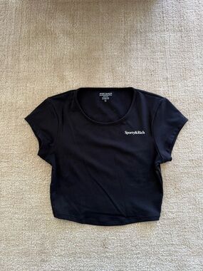 Sporty & Rich Black Cropped Scoop Neck Tee with Logo